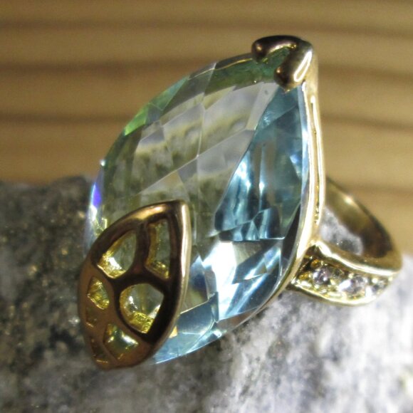 Large Sky Blue Marquise CZ Cocktail ring with Leaf Detail - Picture 2 of 9